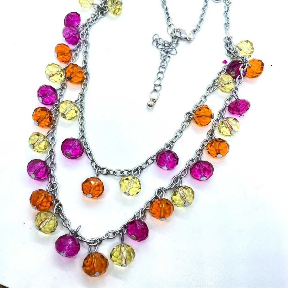 ORION Glass Beads Pink Orange Silver Double Strand Necklace